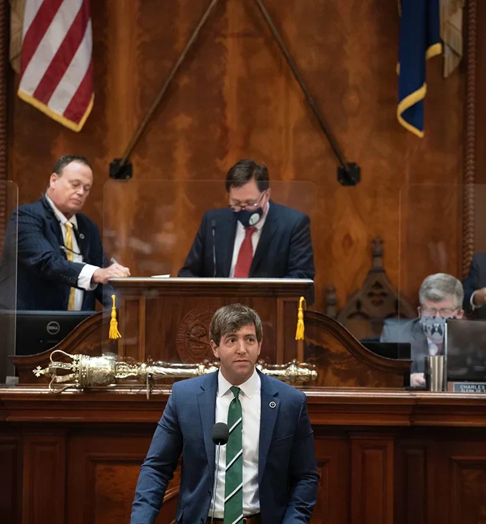 South Carolina House chamber scene where Gil Gatch stands at the podium speaking